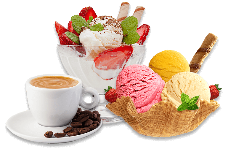 Eisbecher und Kaffee